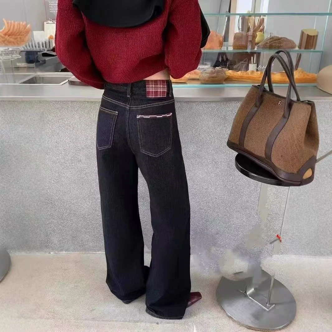 欧货7251水貂绒韩系植绒格子撞色阔腿裤女冬季新款高腰拖地牛仔裤