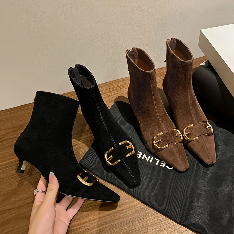 纤慕-4cm小猫跟舒适短靴 气质百搭方头短靴 时尚细跟不累脚