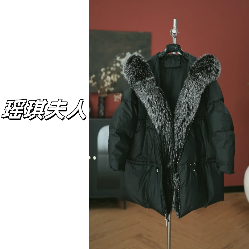 鹅绒皮草外套女连帽款大毛领中长款羽绒服女海宁爆款24071
