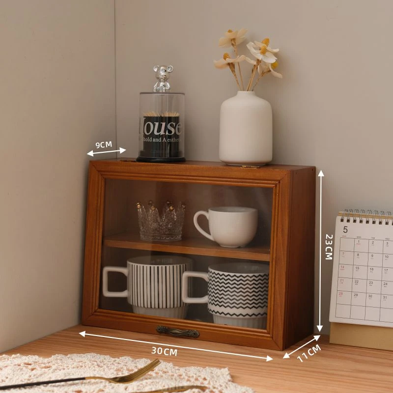 实木复古收纳柜翻盖式木质香水化妆品桌面亚克力防尘柜