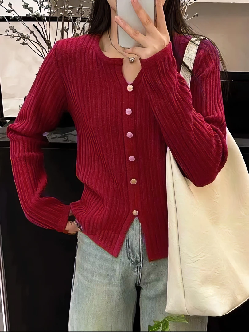 808早秋时尚显瘦V领百搭针织衫设计感开叉胖mm遮肉显瘦上衣女(6)