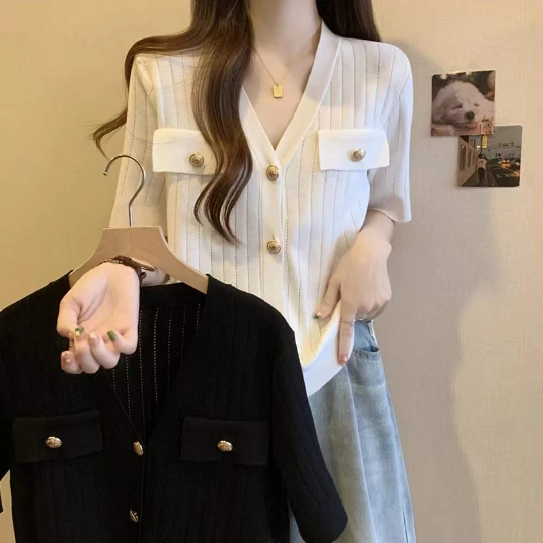 【专柜大码】818薄款针织小香风V领短袖女夏季胖mm法式宽松显瘦上衣