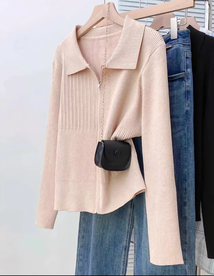 大码胖妹妹polo领拉链刺绣针织衫女秋冬显瘦遮肉高克重毛衣#8100