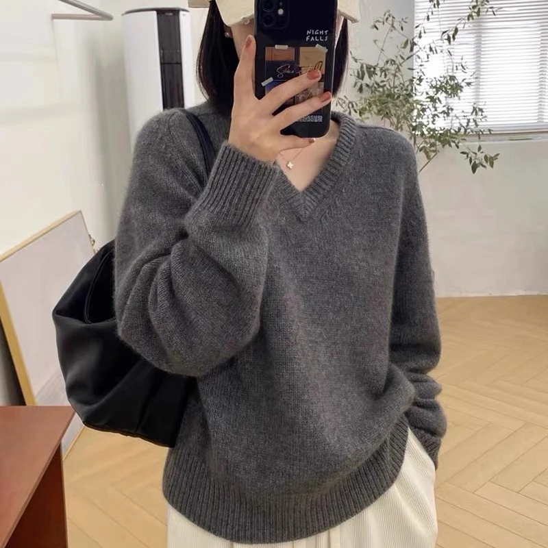 秋冬高端定制女装V领马鞍间袖100羊毛衫宽松休闲针织厚毛衣上衣