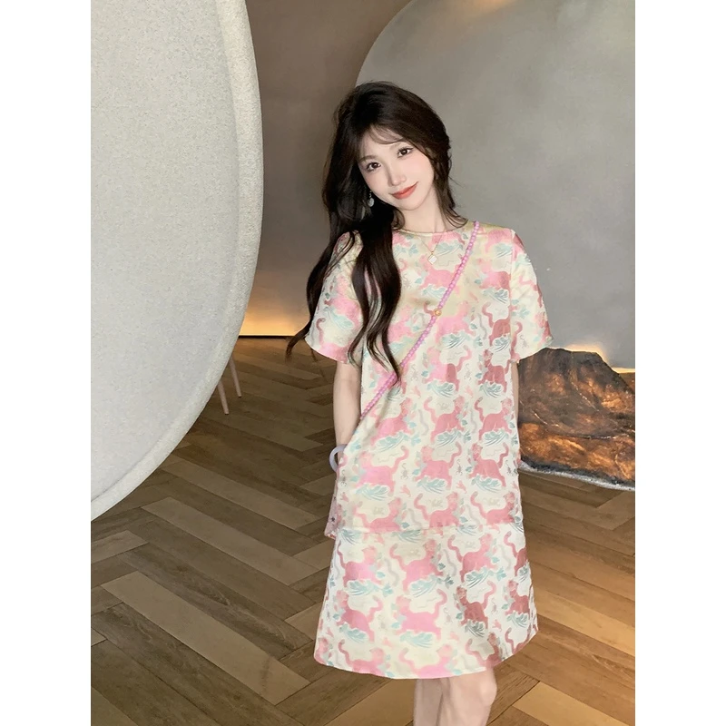 【果果家优选】 新中式国风宽松A字裙2024新款夏季复古短袖连衣裙