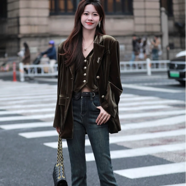 【果果家】短款西装外套女2023年秋高级感时尚马甲两件套