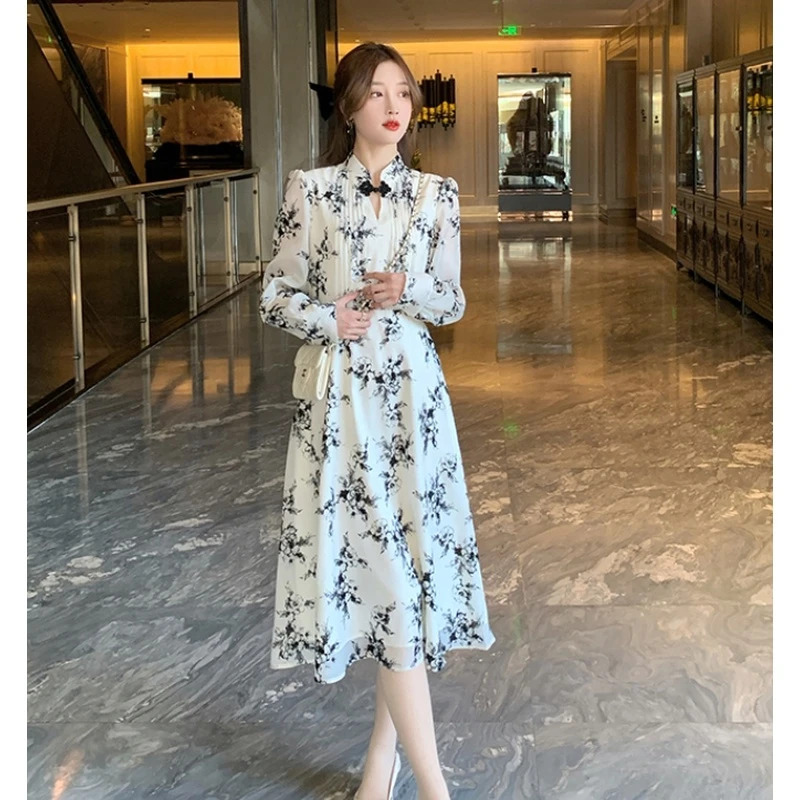 【果果专属】法式连衣裙女春季新款收腰印花a字裙