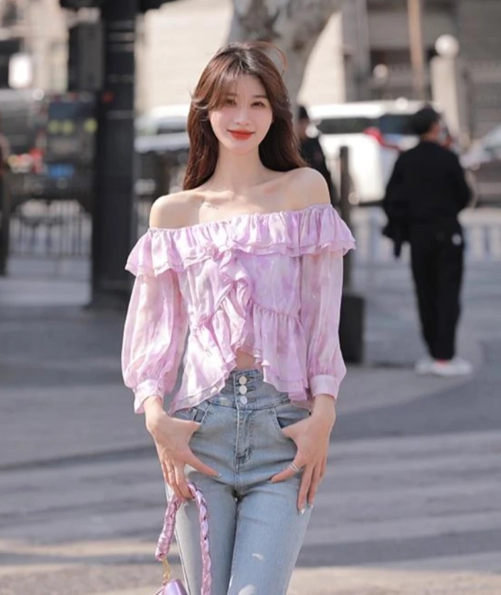 【果果家优选】重工亮丝晕染U领褶皱边清新时髦小衫上衣