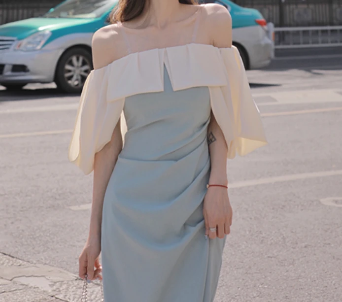 【果果家优选】清新蓝白撞色垂袖时髦捏褶吊带连衣裙