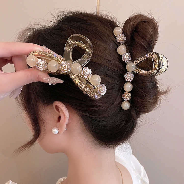 优雅气质山茶花珠珠抓夹大号发量多女后脑勺高端盘发鲨鱼夹发夹