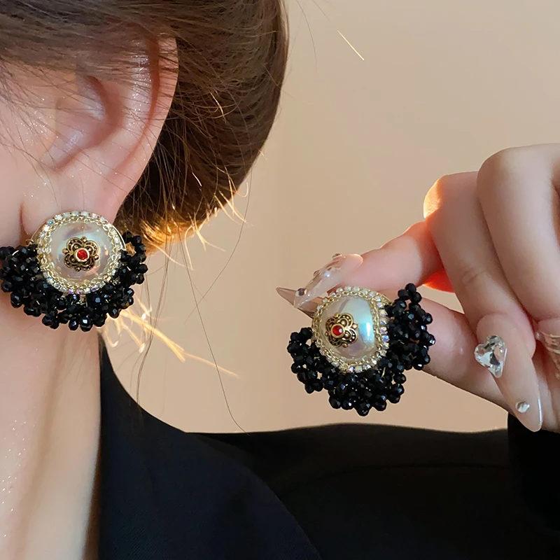 铜合金耳饰铜合金耳饰黑色花朵耳坠高端小众耳环轻奢夸张耳饰女