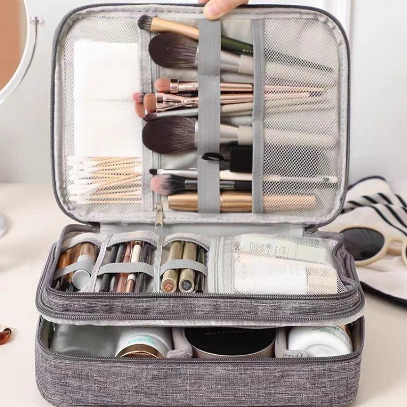 通勤化妆包双层便携式大容量旅行洗漱护肤品盒数据线收纳包多功能