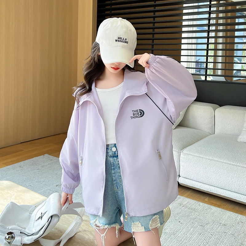 女童防晒衣夏季薄款6-12岁女孩中大童纯色防晒服儿童连帽外套薄款