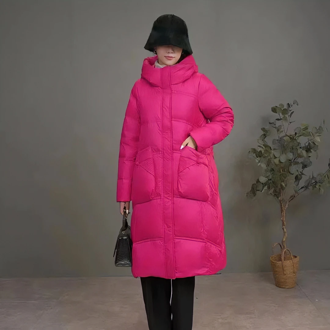 高大尚莉姐轻奢高定D15韩版时尚保暖连帽过膝中长款白鸭绒羽绒服