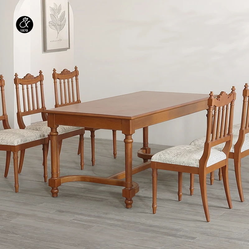 美式乡村复古长方形6人位2米餐桌中古复刻实木胡桃色出口款西餐桌