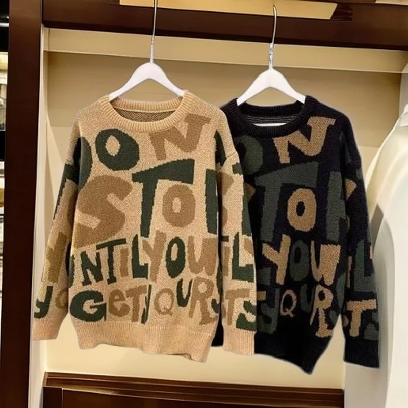 慵懒风宽松毛衣男女款加厚针织衫新款美式潮牌圆领毛线衣冬季外套