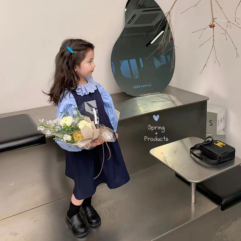 女童韩版宽松两件套连衣裙女宝宝纯色蓝色背心裙潮花边春秋套装裙