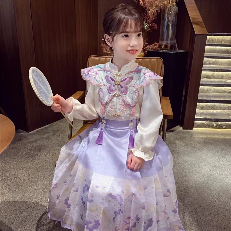 女童古风新中式小女孩马面裙紫色宝宝秋季明制洋气春装古风公主裙