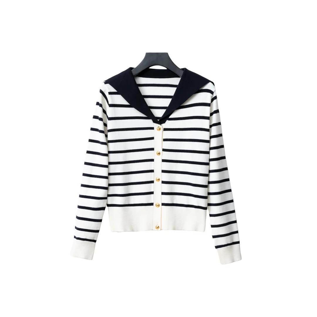 【千韵伊然】时尚百搭小香风洋气条纹针织开衫女装外搭长袖毛衣1236