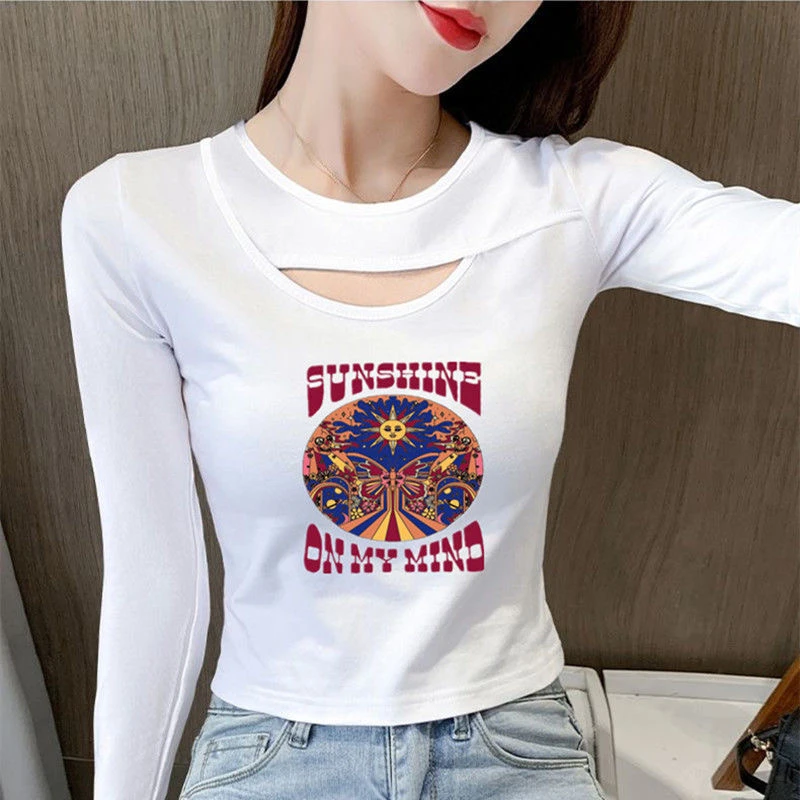 韩版短款显瘦秋季印花时尚设计感缕空修身百搭圆领露脐长袖t恤ins