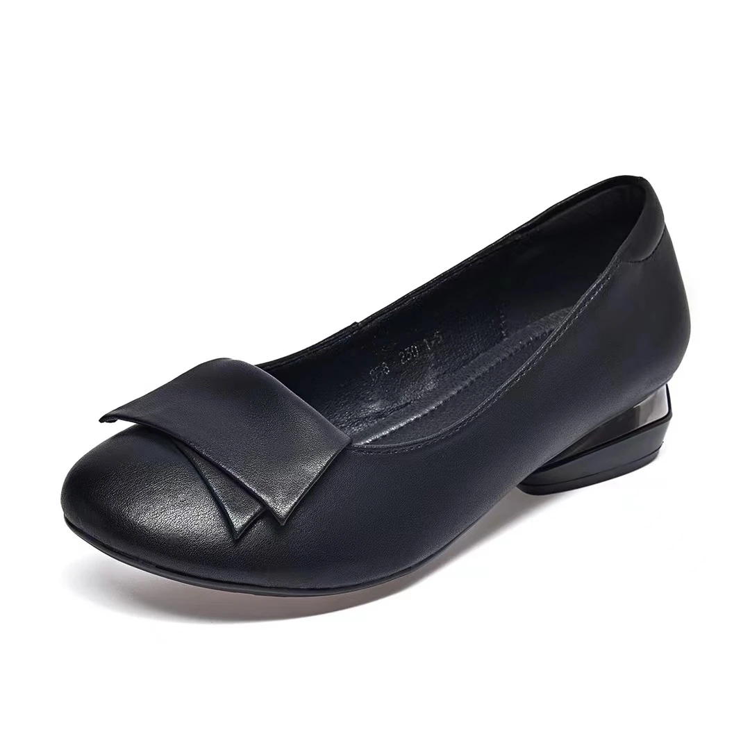 软底妈妈鞋芒果头舒适圆头平底真皮百搭瓢鞋春夏新款粗跟四季鞋