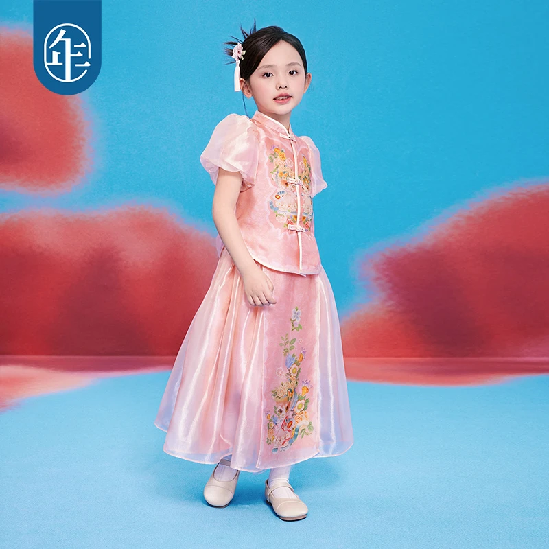 【田野仙踪】童装女童连衣裙纱裙夏季新款中式洋气泡泡袖公主裙D