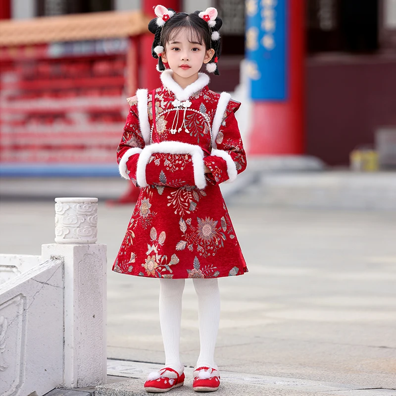 女童旗袍裙冬季新款保暖儿童国风拜年服小女孩加厚汉服连衣裙红色