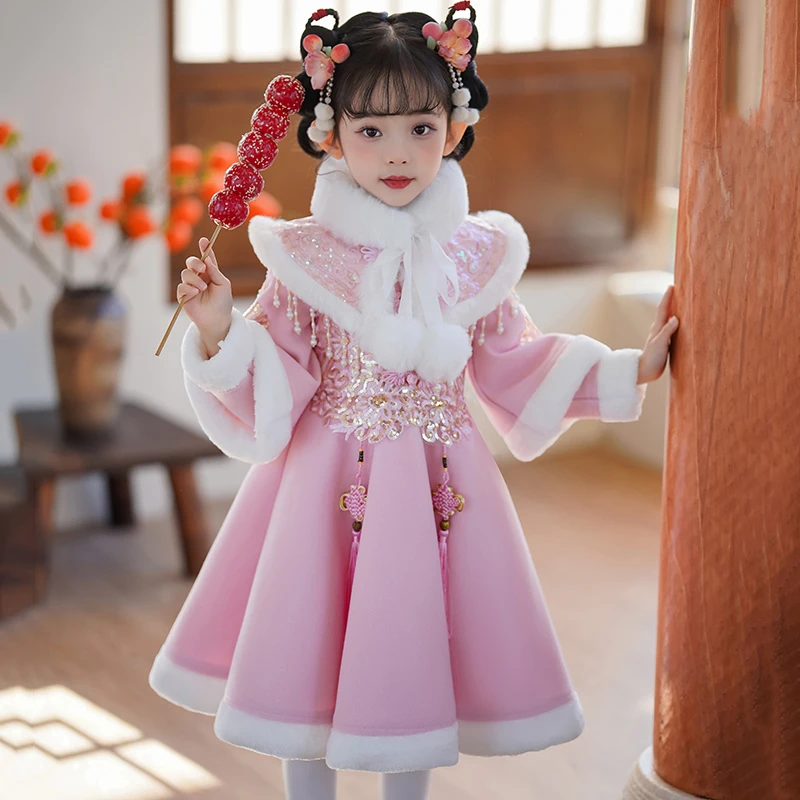 拜年服女童冬款古装汉服新款女孩新年唐装儿童旗袍裙加绒过年裙子