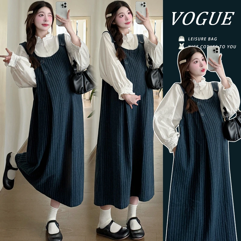 MIMI~时尚孕妇装2025春秋季新款时尚背条纹带连衣裙+气质打底衬衫