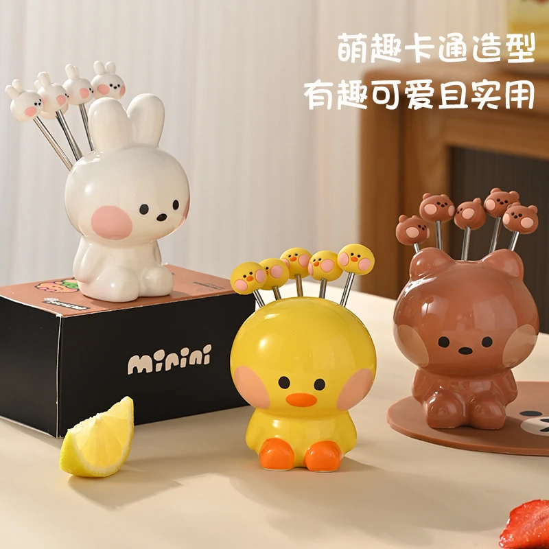 儿童水果叉不锈钢小叉子宝宝家用高级感收纳罐可爱风蛋糕甜品叉