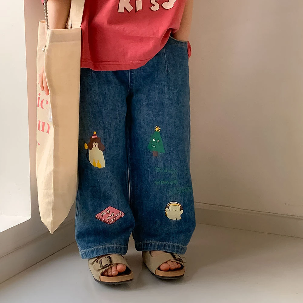 女童春秋直筒宽松牛仔裤韩版卡通印花休闲百搭中小童洋气复古裤子