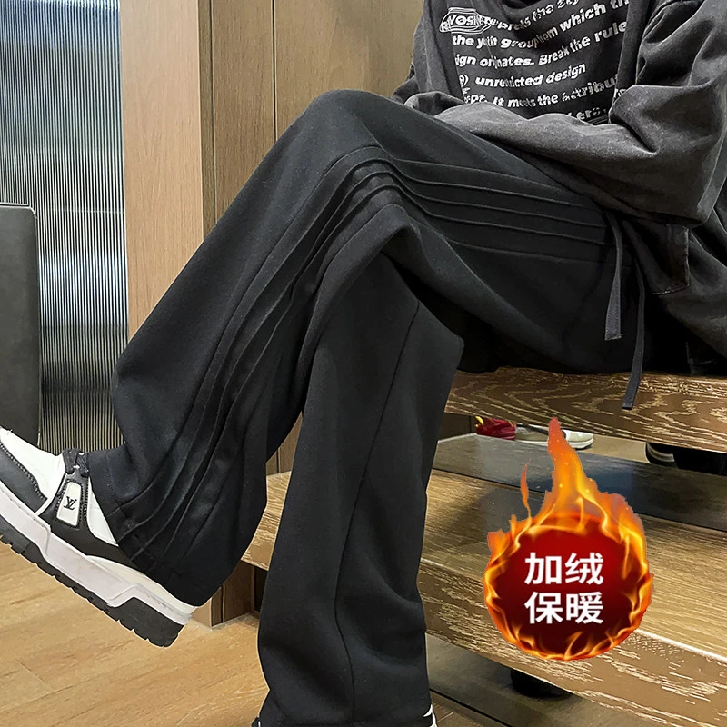 重磅加绒休闲卫裤男秋冬美式复古灰色阔腿裤子青少年垂感运动长裤