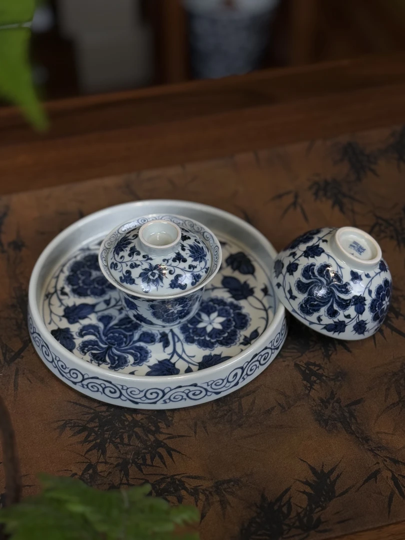 知否｜甄选景德镇陶瓷元青花幽蓝溪堂缠枝牡丹三件套