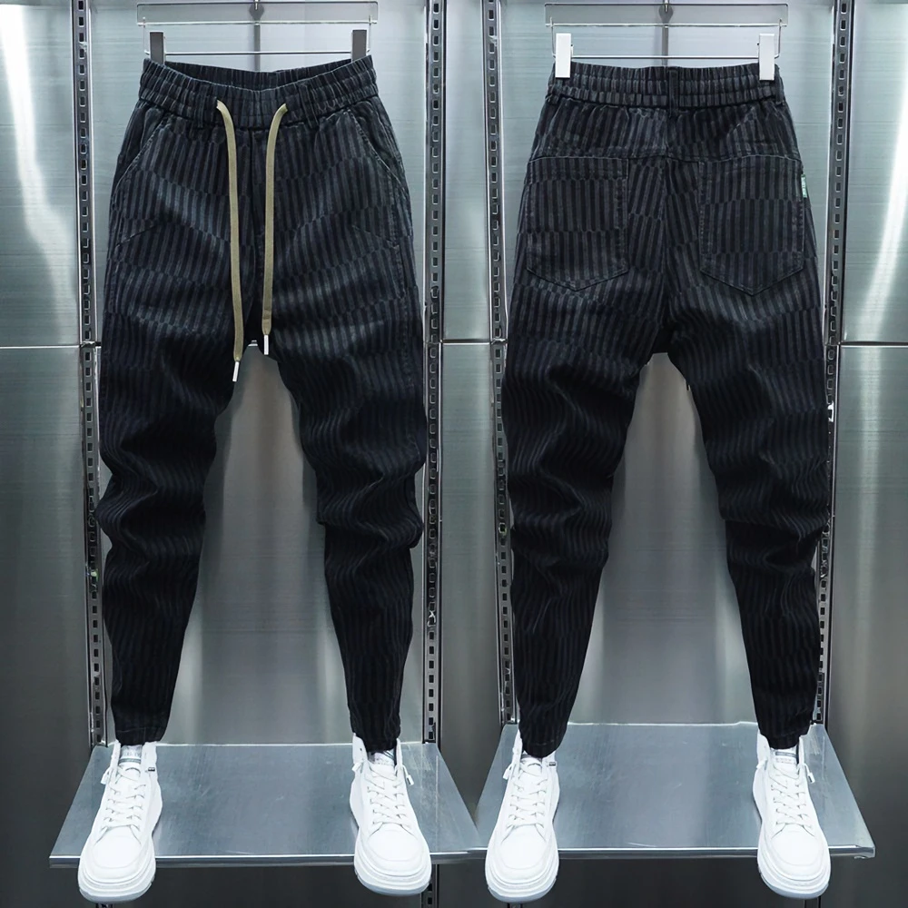 男士潮流渐变色休闲裤秋冬加绒条纹小脚牛仔裤弹力修身黑色哈伦裤