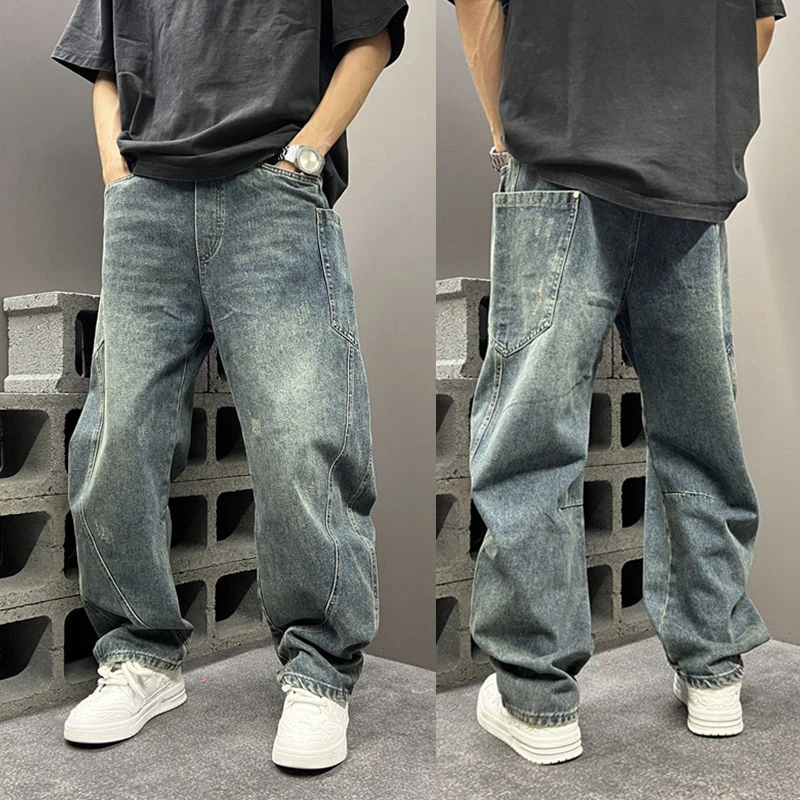 秋季宽松直筒休闲阔腿裤男潮流美式复古做旧多口袋拼接弯刀牛仔裤