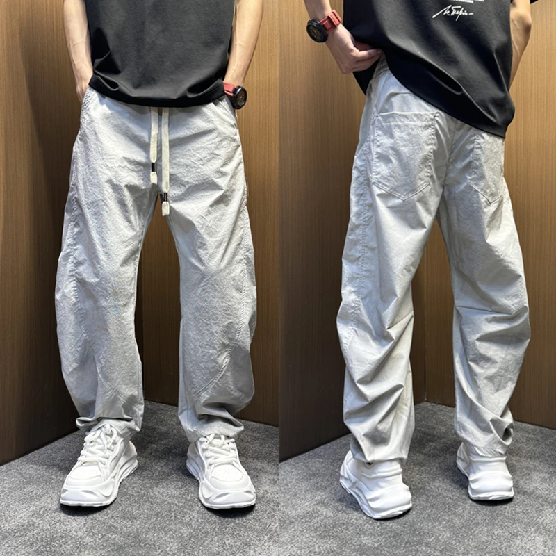 美式潮流春夏新款男士休闲裤宽松拼接弯刀裤阔腿高级感痞帅脏脏裤