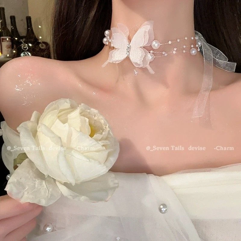 非金属亚克力项链  超仙蝴蝶珠珠项链女轻奢小众锁骨链气质颈链