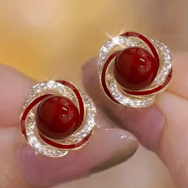 珠珠耳饰 红色耳钉女高级感优雅气质轻奢个性百搭小众时尚耳环