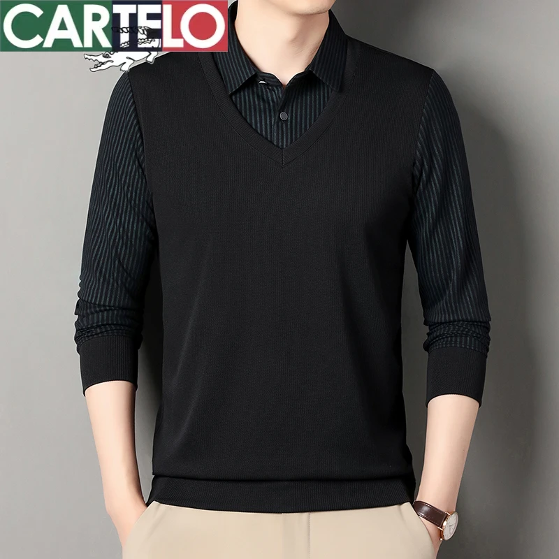 CARTELO/卡帝乐鳄鱼春秋季中年男士长袖针织翻领衬衫领假两件男