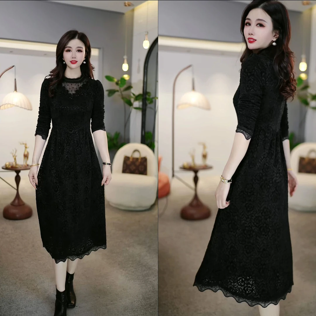 秋冬加绒加厚黑色花纹设计长袖时尚显瘦修身连衣裙M-4XL