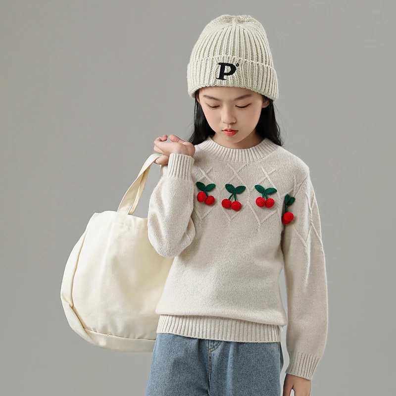 秋冬款女中大童100%纯羊毛衫提花樱桃加厚毛衣百搭时尚款打底女衫