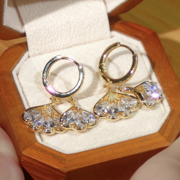 合金合成锆石耳饰 【银杏叶】满锆叶子双层流苏耳环经典