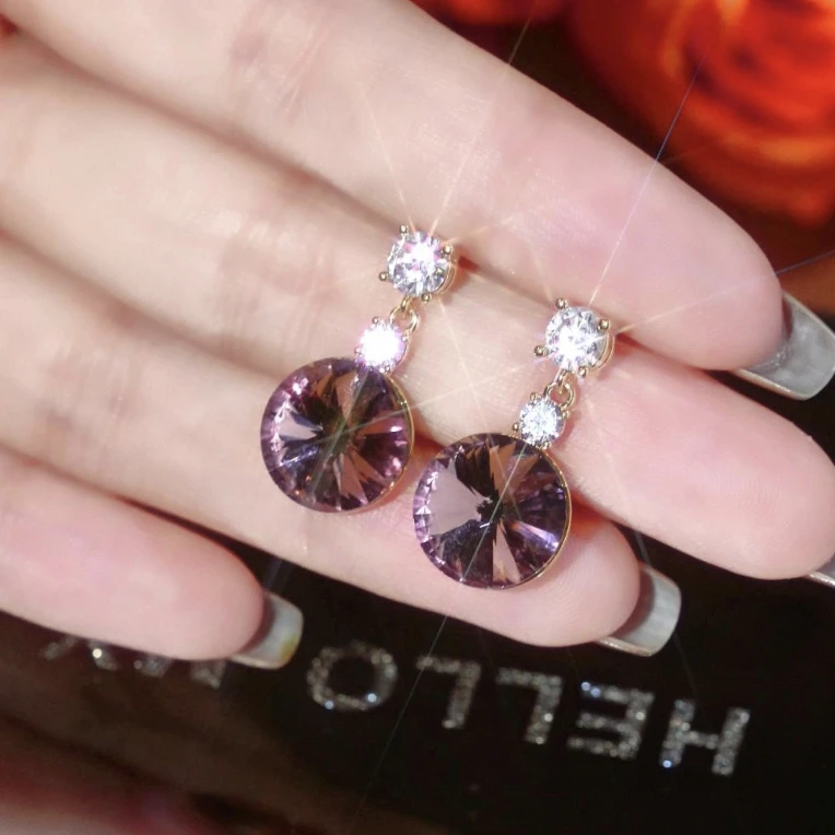 合金合成锆石耳饰 高贵紫色施家耳钉女气质耳坠防过敏耳环
