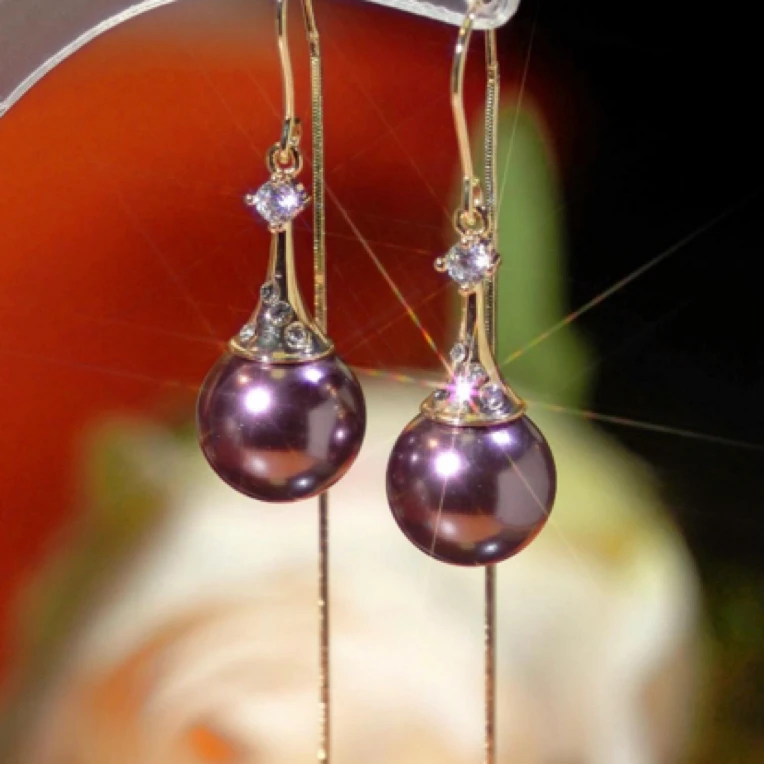 合金合成锆石耳饰 紫色珠珠耳线优雅气质轻奢长款耳线新款紫气东