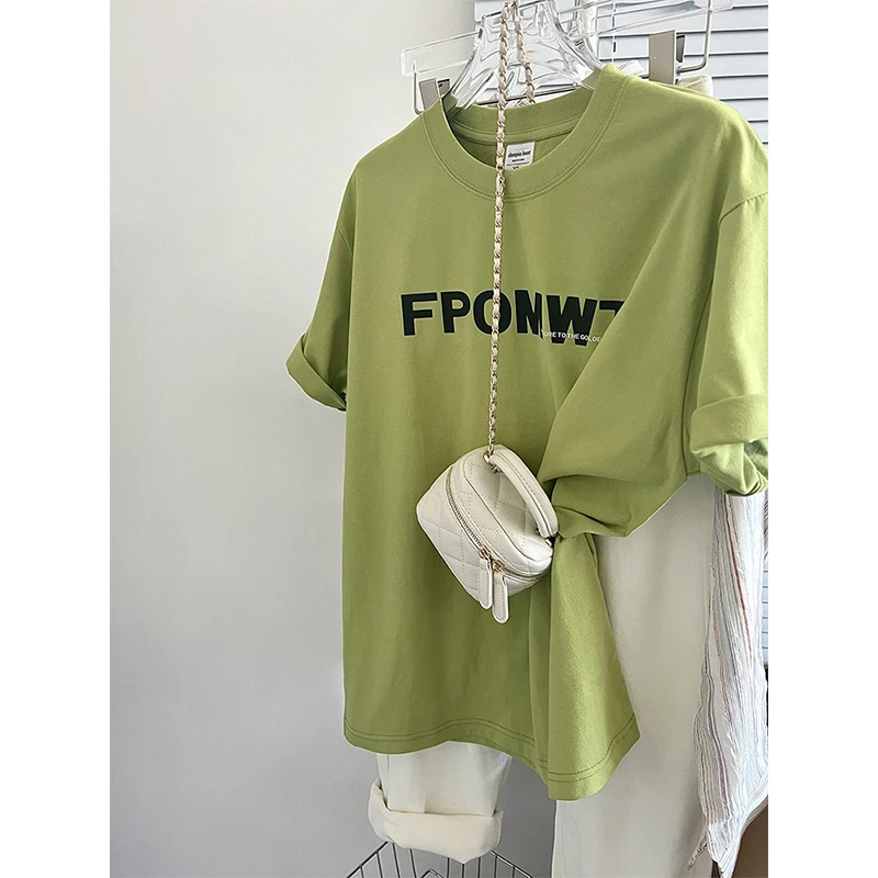 芥末绿宽松圆领短袖T恤女夏季2025新款慵懒风小个子百搭正肩上衣