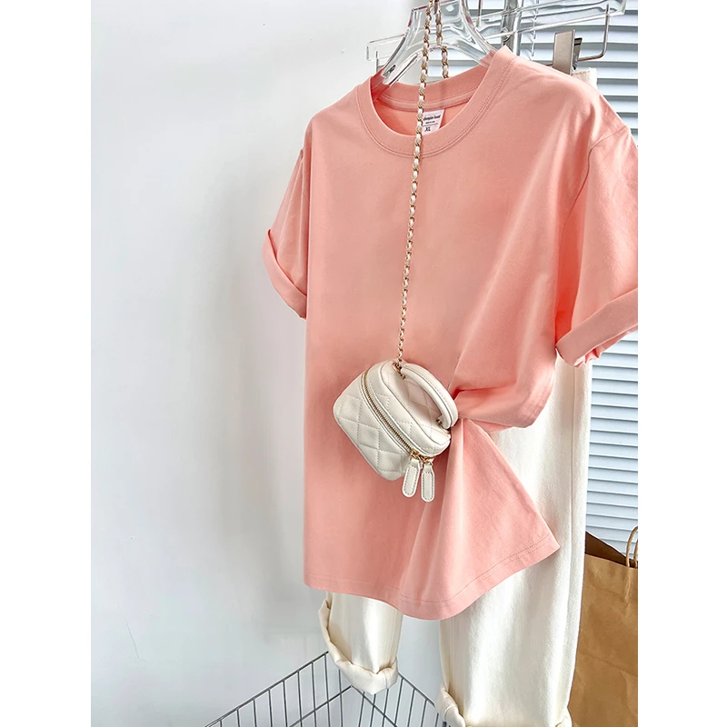 樱花粉纯棉重磅短袖t恤女夏季爆款宽松百搭多巴胺设计感小众上衣
