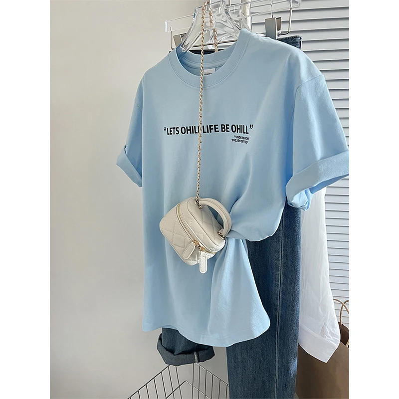 天蓝色正肩纯棉短袖t恤女2025夏季新款设计感小众宽松体恤上衣