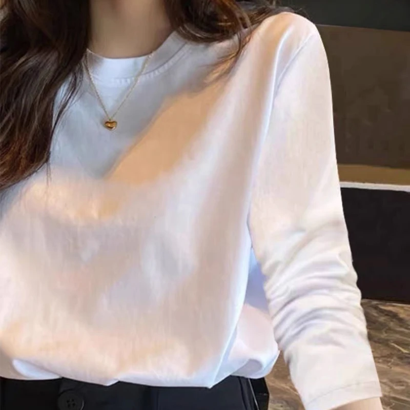 新款秋季纯棉防晒长袖t恤宽松百搭舒适上衣女纯色设计感内搭外穿