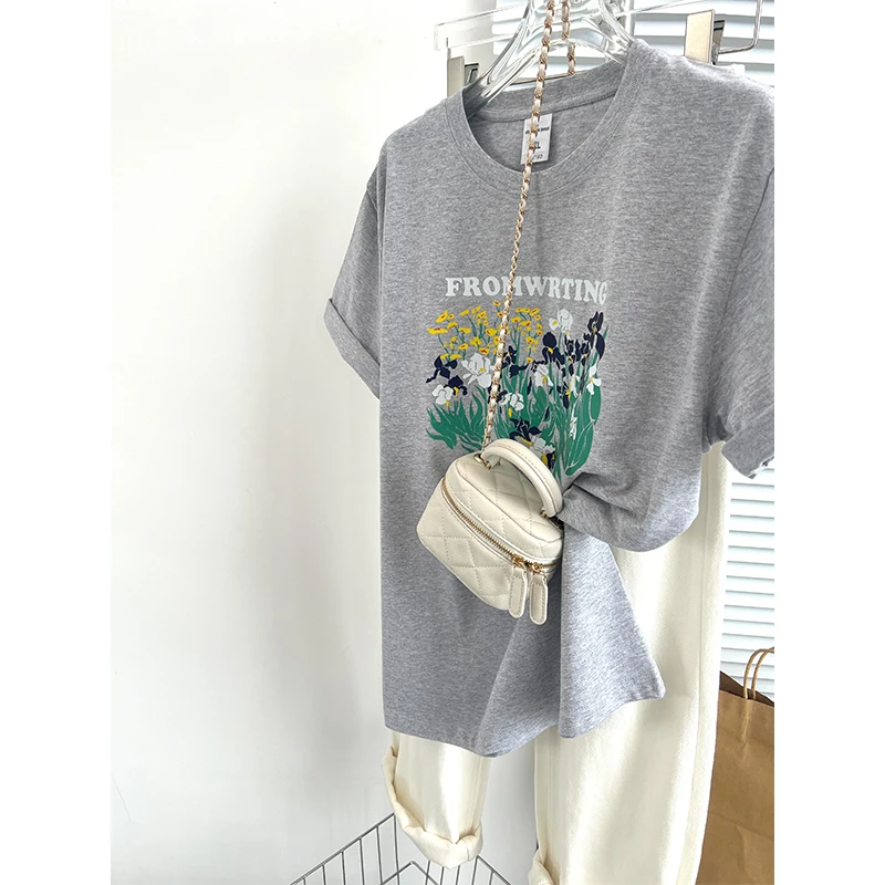 半袖T恤男女麻灰印花夏季花丛植物花卉极简重磅高级感潮牌上衣潮