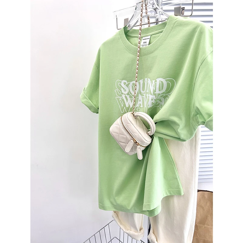 薄荷绿短袖上衣女纯棉小众设计感T恤日系小清新简约创意涂鸦半袖